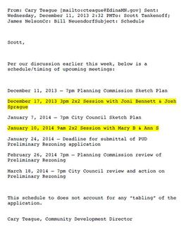 city timelines showing identical 2 x 2 meetings designed to avoid open meeting laws